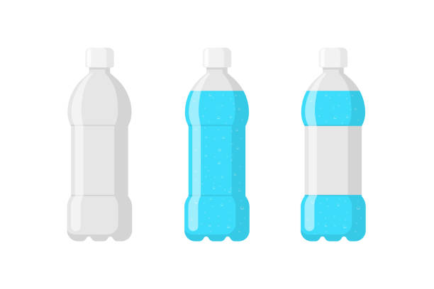 플라스틱 병 패키지는 파란색 물과 라벨로 비어 있습니다. 탄화 미네랄 음료 음료 와 거품 에 탄 플랫 절연 벡터 그림 - soda bottle stock illustrations