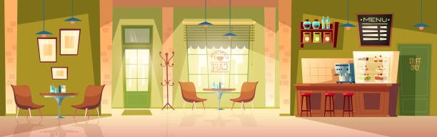 Vector Cartoon Cafe Background Cafeteria Interior Room Stock Illustration -  Download Image Now - iStock