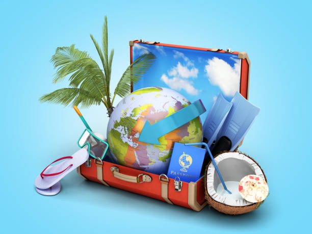 istock modern summer travel concept suitcase with a globe inside near accessories for summer holidays 3d render on blue gradient 1211752240