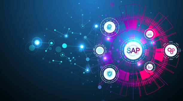 illustrations, cliparts, dessins animés et icônes de logiciel d’automatisation des processus sap business. modèle de bannière de concept de système de planification des ressources d’entreprise erp. technologie futur concept de science-fiction sap. l’intelligence artificielle. illustration de vecteur - 113