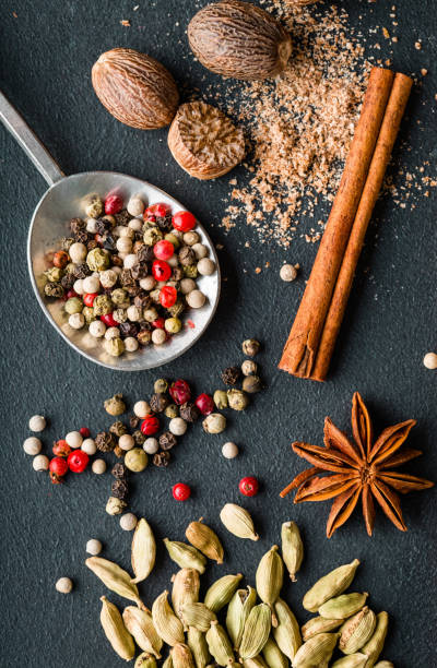 istock Spices and seasoning in a spoon on a black background 1211755599
