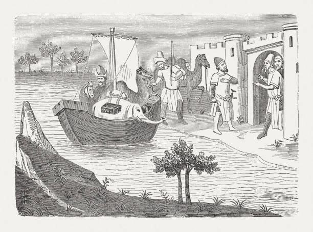 Arrival of Marco Polo on Hormuz, wood engraving, published 1888 Arrival of Marco Polo on Hormuz (Persian Gulf). He visited the island twice in 1272 and 1293, as described in his travelogue. Facsimile (wood engraving) according to the manuscript "Le livre des merveilles de Marco Polo (The Adventures of Marco Polo)", 15th century, in the National Library of Paris (Bibliothèque nationale de France), published in 1888. marco polo explorer stock illustrations