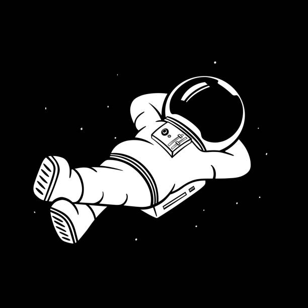 bildbanksillustrationer, clip art samt tecknat material och ikoner med rolig tecknad astronaut koppla av på rymden / svart och vit vektor illustration - astronaut