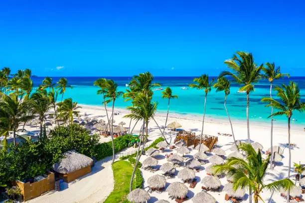 Aerial drone view of beautiful atlantic tropical beach with palms, straw umbrellas and boats. Bavaro, Punta Cana, Dominican Republic. Vacation background