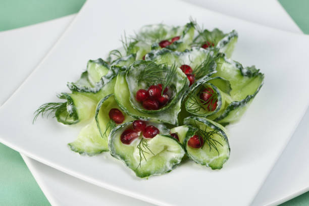 istock Fresh cucumber salad with dill and pomegranate kernels, in yoghurt sauce 1211763836