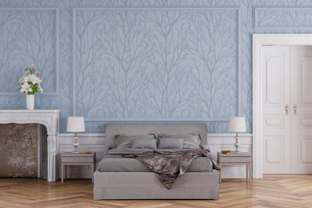 istock Glamour bedroom with decoration and fireplace 1211764957