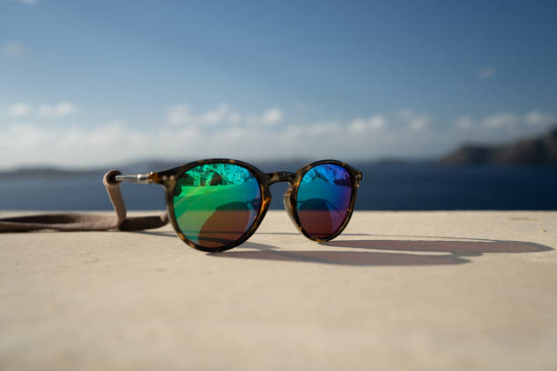 Santorini reflection sunglasses stock photo