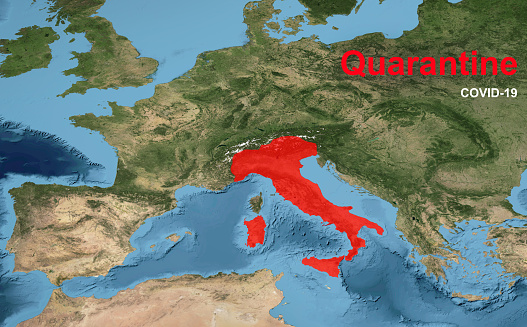 COVID-19 coronavirus outbreak in Italy, spread of corona virus in world. Quarantine with COVID-19 on Europe map. Concept of coronavirus pandemic fears. Elements of this image furnished by NASA.