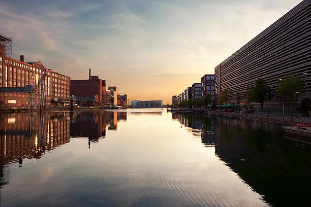 wide angle view of Duisburg Inner Harbor at Sunset