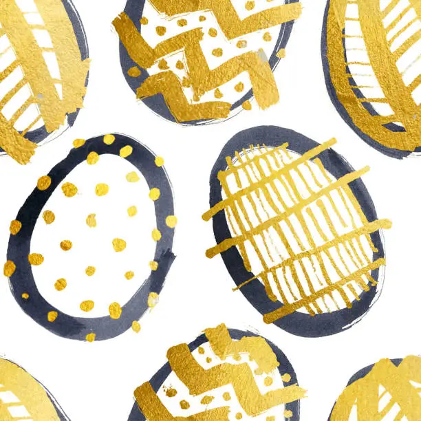 Vector illustration of Seamless Easter pattern illustration with hand painted eggs isolated on white paper background - texture made by black ink brush and decorated by gold acrylic paint - original uneven messy doodle design with dots spots zig zags and lines