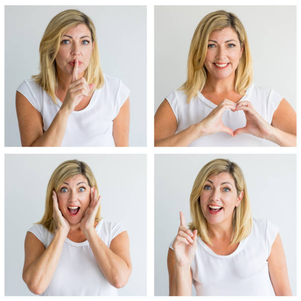 istock Blonde mature lady portrait set with different gestures 1211771455