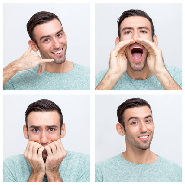 istock Male portrait set with different hand gestures 1211772241