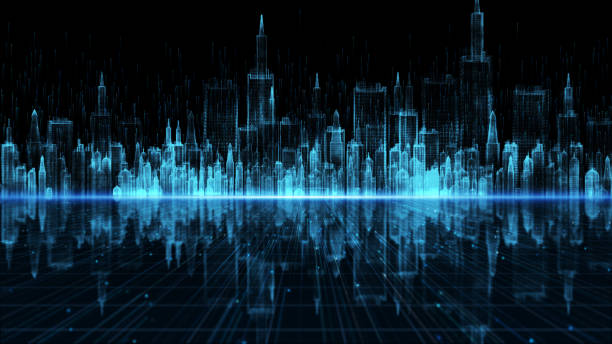 istock Digital City, digital cyberspace with particles and Digital data network connections background concept. 1211772624