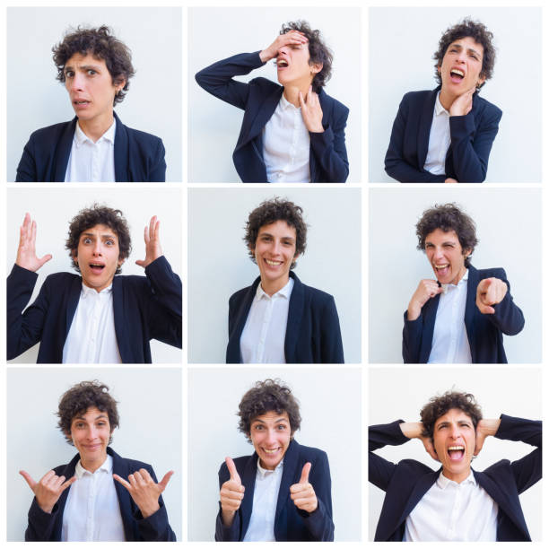 istock Funny curly haired woman portrait set 1211773960