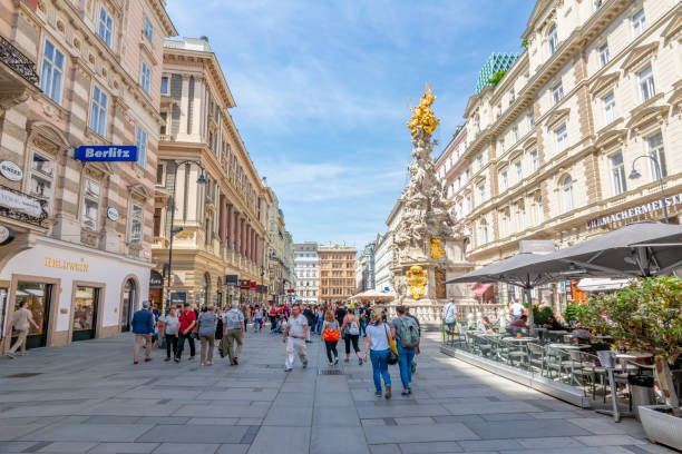 Graben street and Plague Column in center of Vienna, Austria Vienna, Austria - April 2019: Graben street and Plague Column in center of Vienna people shopping in graben street vienna austria stock pictures, royalty-free photos & images
