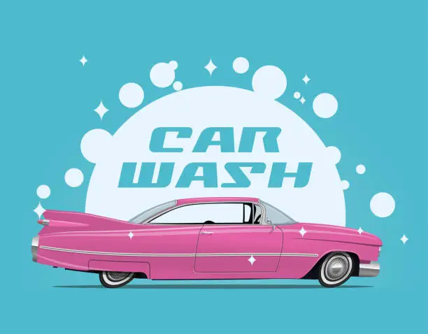 Vector illustration of Carwash service concept illustration with side view cartoon retro pink car and white soap bulbs and car wash caption. Vector illustration.