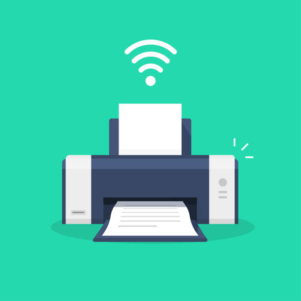 Printer icon with wifi wireless symbol or ink jet fax wi-fi print technology pictogram flat cartoon vector illustration isolated, modern design laser-jet clipart image Printer icon with wifi wireless symbol or ink jet fax wi-fi print technology pictogram flat cartoon vector illustration isolated, modern design laser-jet clipart copying illustrations stock illustrations
