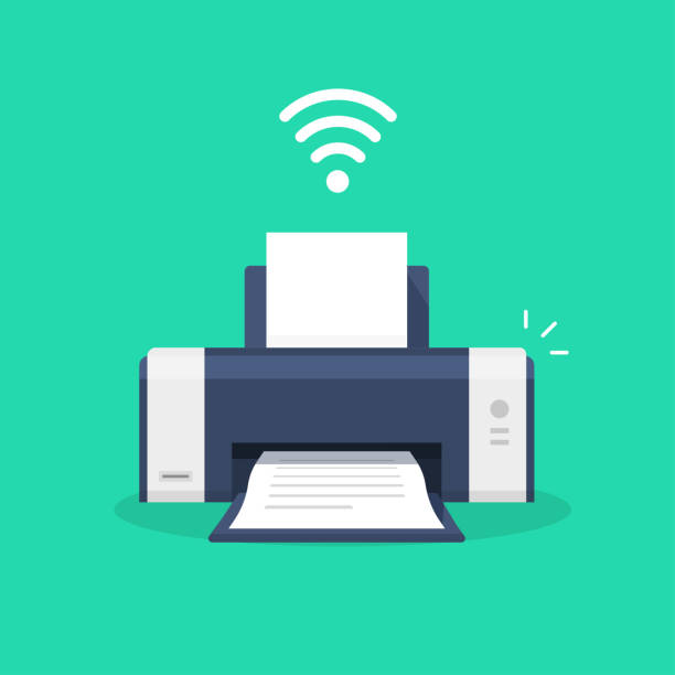 Printer icon with wifi wireless symbol or ink jet fax wi-fi print technology pictogram flat cartoon vector illustration isolated, modern design laser-jet clipart image Printer icon with wifi wireless symbol or ink jet fax wi-fi print technology pictogram flat cartoon vector illustration isolated, modern design laser-jet clipart computer printer stock illustrations