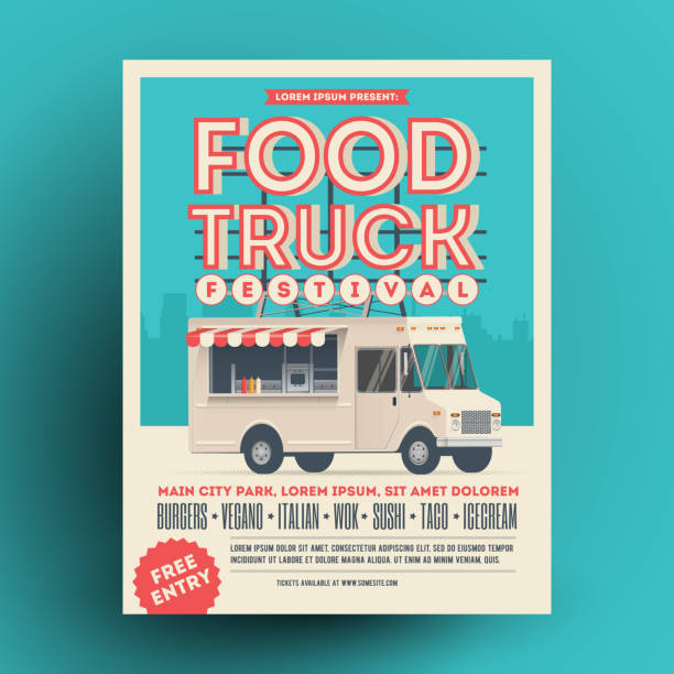 продовольственная грузовик или уличной еды фестиваль плакат или шаблон дизайна листовки. векторная иллюстрация. - covered bazaar stock illustrations