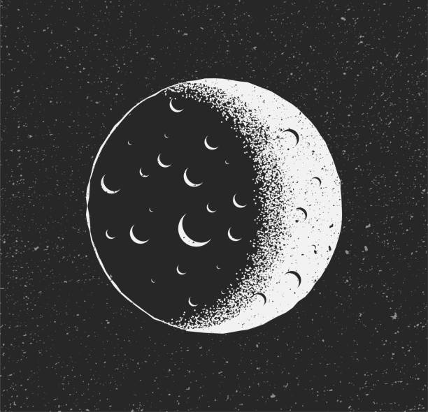 ilustrações de stock, clip art, desenhos animados e ícones de white moon on black starry background. hand drawn sketch vintage styled vector illustration. - crater