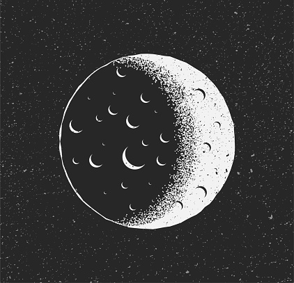 White Moon on black starry background. Hand drawn sketch vintage styled vector eps 10 illustration.