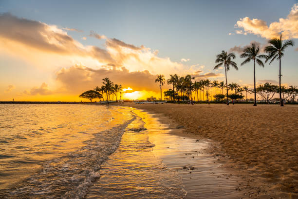 bellissimo tramonto sulla spiaggia di waikiki - waikiki beach foto e immagini stock