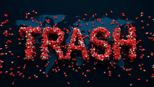 istock 3d render of abstract background with plastic free idea. Plastic red cups on the world map. 1211779557