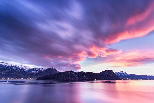 Alps mountains. Sunset over Lake Lucerne. Long exposure.