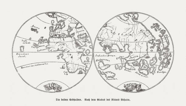 ilustraciones, imágenes clip art, dibujos animados e iconos de stock de mapa mundial de martin behaim (1459-1507), grabado en madera, publicado en 1888 - india map cartography sri lanka