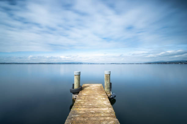 Long exposure landscape. Pier on the lake. Switzerland.
