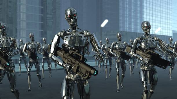 Droid Invasion Army 3D illustration depicting army of robots equipped with blasters on the city street military invasion stock pictures, royalty-free photos & images