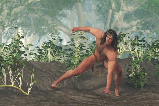 3D illustration of Tarzan figure crouching in the jungle