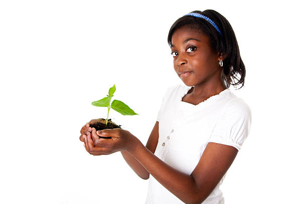 ragazza con pianta in mano - symbols of peace child human hand seedling foto e immagini stock