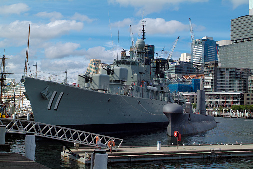 Sydney, Australia - February 11, 2008: Cruiser HMAS Vampire and submarine HMAS Onslow on Maritime Museum in Darling Harbour