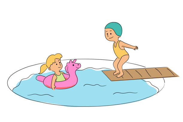 아쿠아 파크에서 수영장에서 놀고 있는 행복한 아이들 - swimming pool child water park inflatable stock illustrations