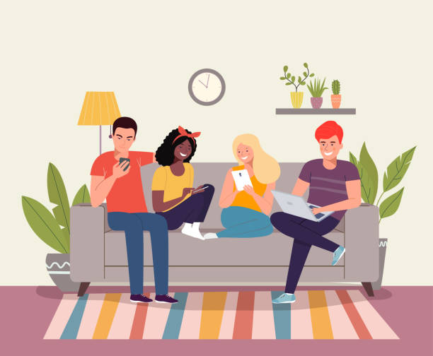 Young women, men sitting on sofa and look at gadgets in the living room. Vector flat style illustration Young women, men sitting on sofa and look at gadgets in the living room. Vector flat style illustration family home stock illustrations