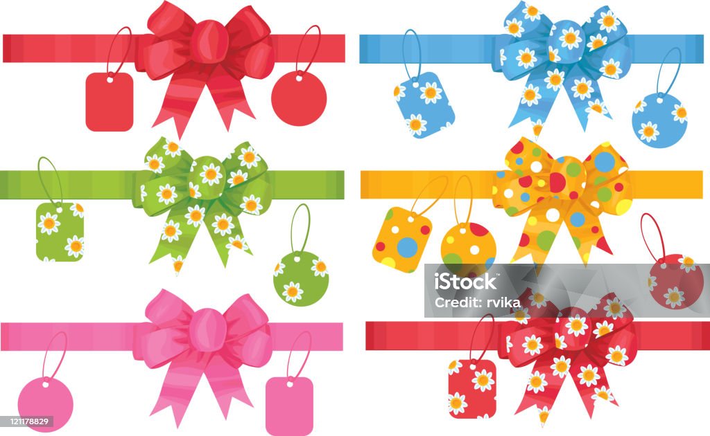 Set di fiocchi regalo con nastri ed etichette. - arte vettoriale royalty-free di Arredamento