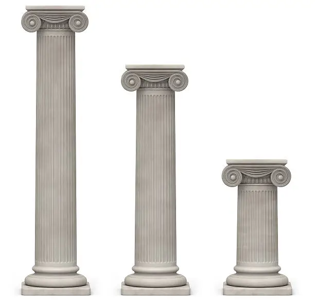 Three Ionic, stone columns of varying heights on a white background