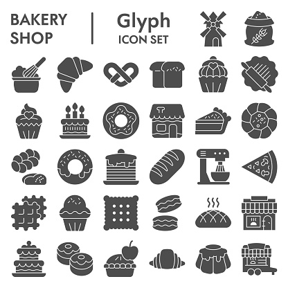 Bakery solid icon set. Bakery shop signs collection, sketches, logo illustrations, web symbols, glyph style pictograms package isolated on white background. Vector graphics