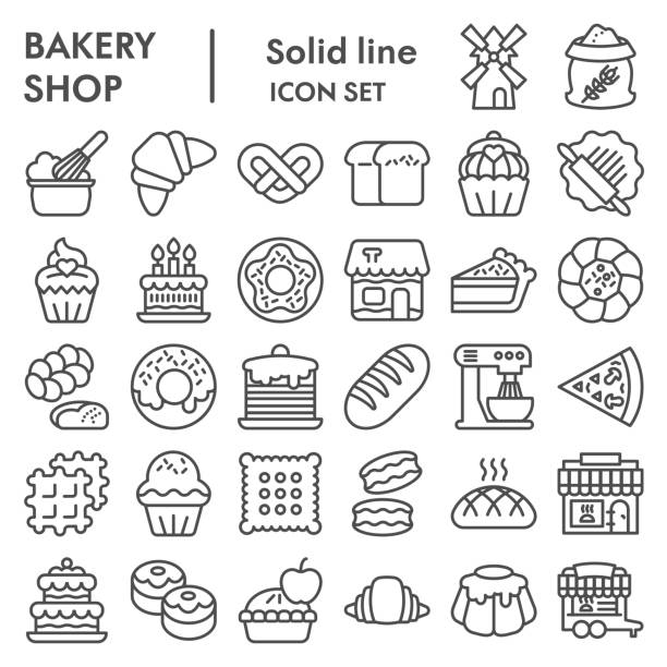 bäckerei linie symbol gesetzt. bäckerei shop zeichen sammlung, skizzen, logo-illustrationen, web-symbole, umriss stil piktogramme paket isoliert auf weißem hintergrund. vektorgrafiken. - baking stock-grafiken, -clipart, -cartoons und -symbole