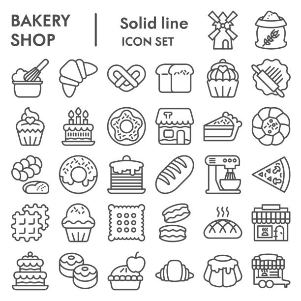 illustrations, cliparts, dessins animés et icônes de ensemble d’icônes de ligne de boulangerie. collection d’enseignes de magasin de boulangerie, croquis, illustrations de logo, symboles web, paquet de pictogrammes de modèle de contour isolement sur fond blanc. graphiques vectoriels. - nobody baking food and drink food