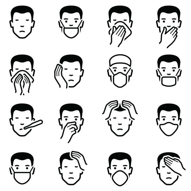 Man face illness disease and flu emoticons Man face with illness disease and flu medical healthcare emoticons icon collection - vector outline illustration bronchitis stock illustrations