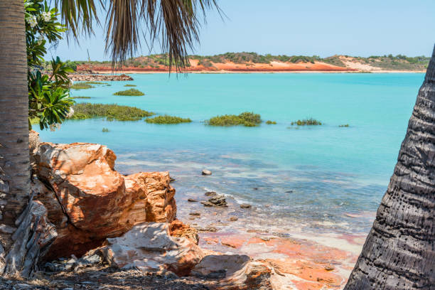 the diverse colours and beauty of broome with red earth, yellow sand and turquoise waters - cable imagens e fotografias de stock