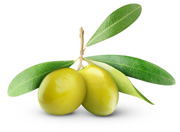 istock Two green olives with leaves against a white background 121179295