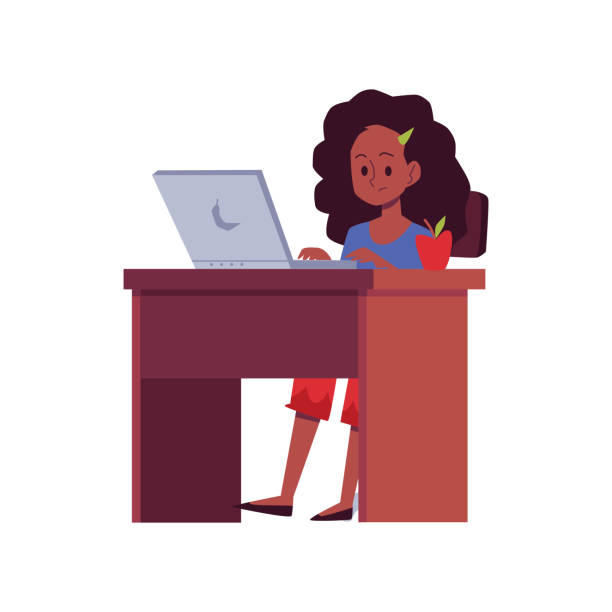 афро-американская девушка-подросток изучает онлайн плоский вектор иллюстрации изолированы. - classroom technology internet schoolboy stock illustrations