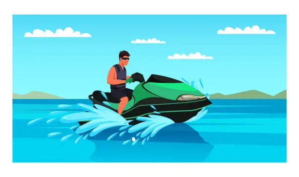 Vector illustration of Man enjoying jet ski water extreme sport amusement