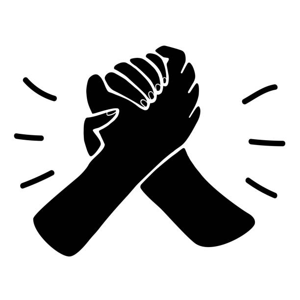 ilustrações de stock, clip art, desenhos animados e ícones de icon, black silhouette of two hands, arms holding or greeting each other. - arm wrestling