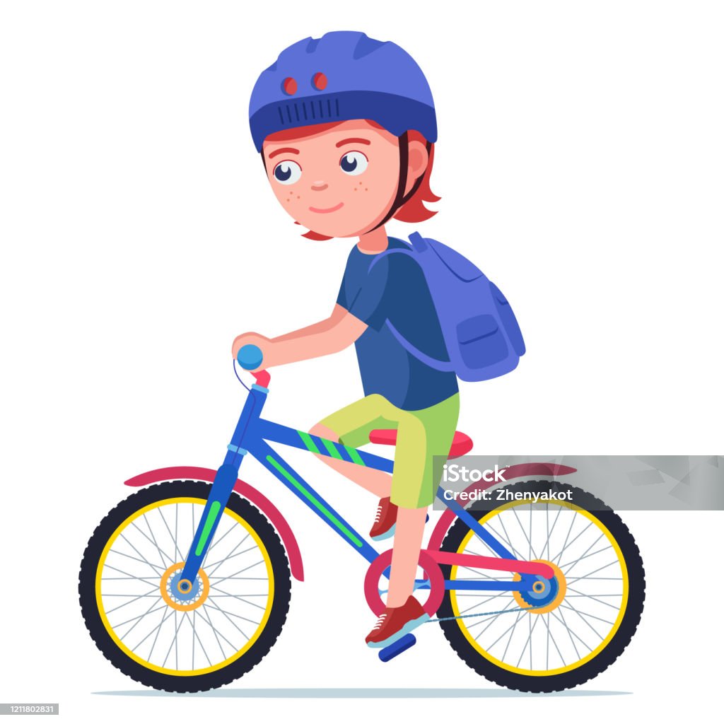 Boy Riding A Bike Stock Illustration - Download Image Now - Cycling Helmet,  Cycling, Backpack - iStock