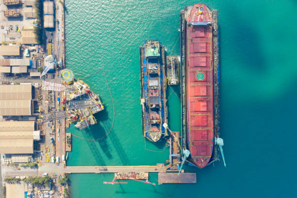 istock Aerial view shipyard at sea In the process of assembling a container ship. 1211805658