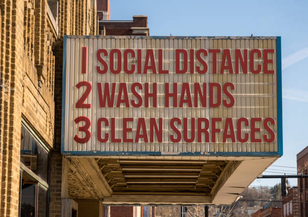 Recommendations for avoiding Coronavirus on downtown Main Street cinema Movie cinema billboard with three basic rules to avoid the coronavirus or Covid-19 epidemic of wash hands, maintain social distance and clean surfaces social distancing stock pictures, royalty-free photos & images